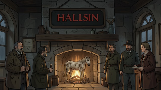 The Sign in the Hall from "The Pale Horse". An Image in Shadow The Horse Barely Visible A framed, darkened inn sign hangs over the fireplace.