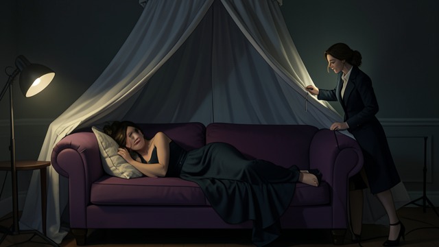 Preparing the Séance from "The Pale Horse". A Stage Is Set Controlled Atmosphere Sybil lies on the purple divan, and Thyrza adjusts the canopy and lighting to isolate her from the room.