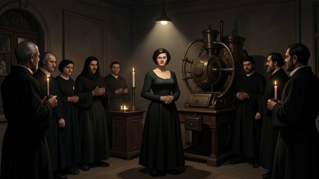 The Séance as Theater from "The Pale Horse". A Spectacle of Authority Managed Sensation Lighting, music, costume, chanting, blood, and the machine are arranged to shape what Mark notices and fears.