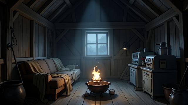The Nighttime Transformation from "The Pale Horse". The Barn as Theater A Carefully Made Scene The converted barn is lit with cold indirect light, arranged with a divan, brazier, basin, and machine.