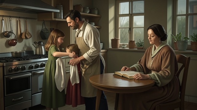 Lessons Beside the Fire from "Tide". Lessons Beside the Fire A Domestic Routine Galahad prepares meals and teaches table manners while Little Emblyn helps Meira dress and manage daily tasks.