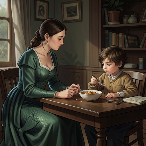 Meira’s Education in the Human World from "Tide". This thread follows Meira’s gradual adaptation to human customs through the patience of Little Emblyn and Galahad.