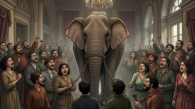 A Captive's Distress from "The Magician's Elephant". A Captive's Distress A crowd at the centre Visitors surround the elephant, touching and crowding her in the ballroom.