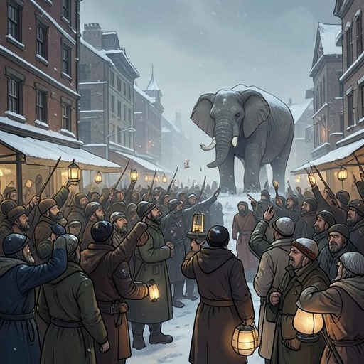Baltese's Winter and Awakening from "The Magician's Elephant". Baltese’s communal response to the elephant shifts from fascination and ownership toward collective action in the snow.