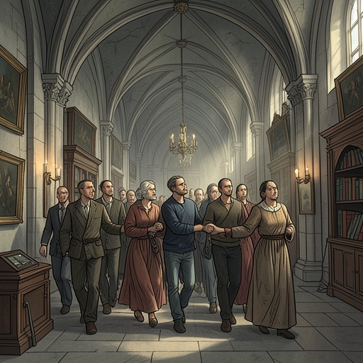 The World as a Connected Procession from "The Magician's Elephant". The closing image gathers characters whose separate losses and hopes become connected through shared action and the enduring cathedral carving.