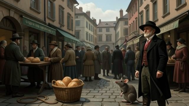 Rationed Bread from "The Amazing Maurice and His Educated Rodents". A Town Under Strain Visible scarcity Residents queue for bread and receive limited food while market stalls display mostly worn goods.