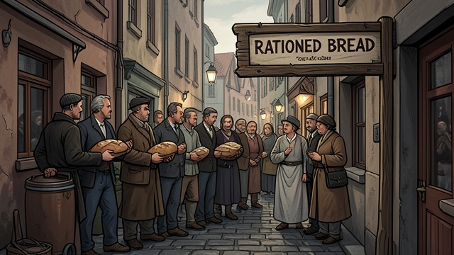 Scarcity in the Streets from "The Amazing Maurice and His Educated Rodents". A Hungry Town Empty markets Bad Blintz’s people queue for rationed bread while its carefully built streets suggest greater wealth.