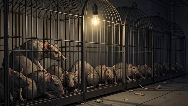 Cages Behind the Cellar from "The Amazing Maurice and His Educated Rodents". Captivity Revealed A mass of Rats The explorers find wire cages crowded with living Rats, some forced to survive by feeding on their dead companions.