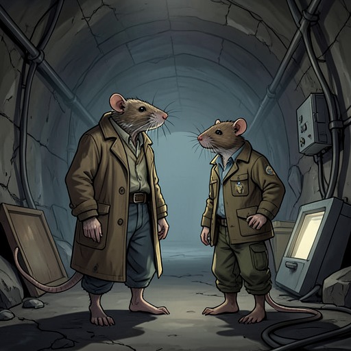 Hamnpork and Darktan from "The Amazing Maurice and His Educated Rodents". Hamnpork’s declining authority gives way to Darktan’s practical leadership, while their uneasy respect helps the Clan survive a dangerous transition.