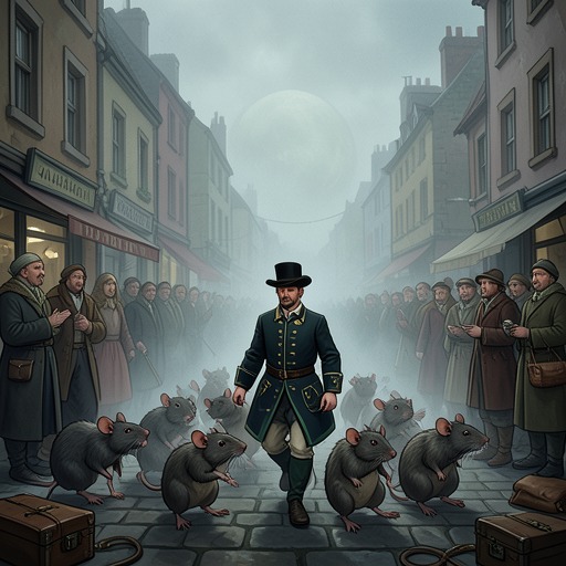 The Piper’s Procession from "The Amazing Maurice and His Educated Rodents". The public ritual of leading Rats out of town appears to repeat the old legend, but becomes a carefully staged escape from coercion and a path to negotiation.
