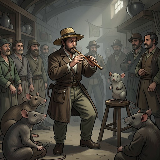 The Rat-Piper Contest from "The Amazing Maurice and His Educated Rodents". Keith turns the piper’s coercive spectacle into a fair contest and uses the victory to prevent both humiliation and mass drowning.