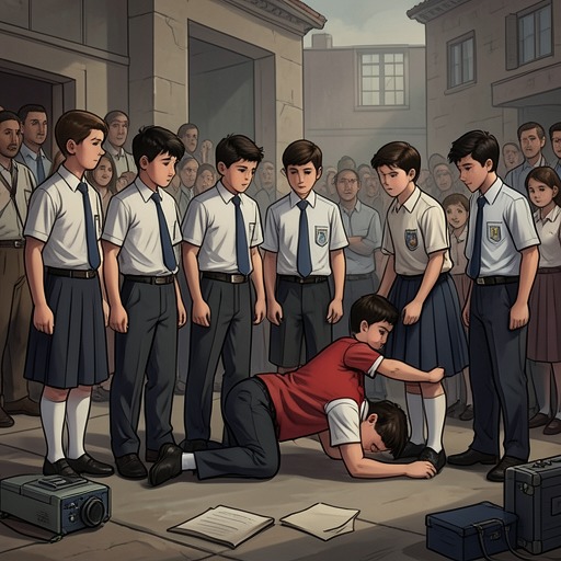 Bullying and Retaliation from "Let the Right One In". This flow traces how routine humiliation escalates from schoolyard domination to serious violence and retaliatory destruction.