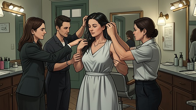 The Salon Workers' Hands from "Elena Knows". Care in a Public Setting A difficult appointment Several salon workers help Elena stand, move, and rinse her hair.