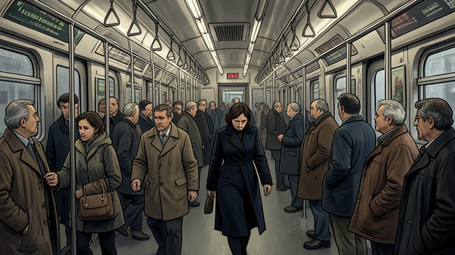 The Crowded Train from "Elena Knows". Movement Among Strangers Boarding Elena uses the crowd's motion to get aboard and searches for a seat.