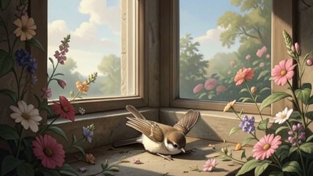 A Bird Falls from "Wann wird es endlich wieder so, wie es nie war". A Bird Falls Collision An Amsel strikes the window and falls into the garden, bringing death abruptly into a family celebration.