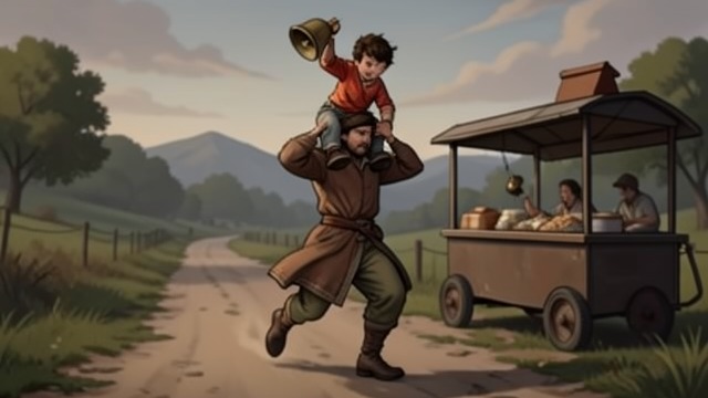 A Shoulder-Borne Ride from "Wann wird es endlich wieder so, wie es nie war". A Shoulder-Borne Ride Trust Begins The Bell ringer lifts Joachim(Jocki) onto his shoulders and races along the road beside the food cart.