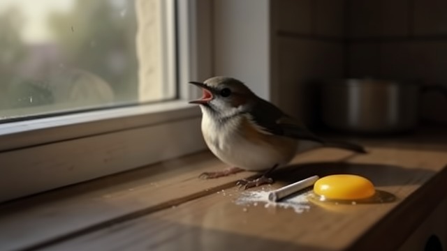 The Bird’s Stillness from "Wann wird es endlich wieder so, wie es nie war". The Bird’s Stillness A Window Collision An Amsel hits the family’s glass door during breakfast.