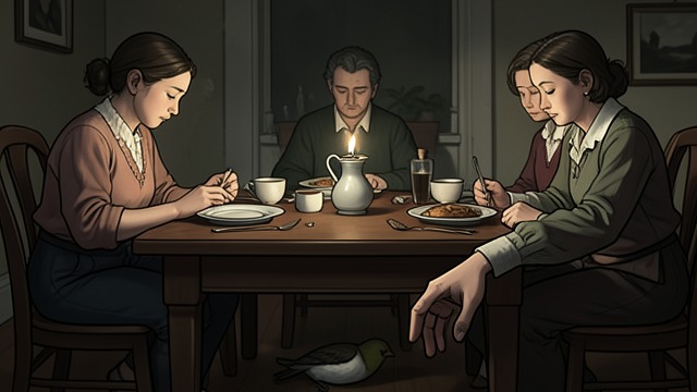 The Bird at Breakfast from "Wann wird es endlich wieder so, wie es nie war". The Bird at Breakfast Sudden Loss An Amsel strikes the glass during a family breakfast, interrupting Hermann’s plans for a healthier future.