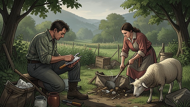 The Work Behind the Dream from "Wann wird es endlich wieder so, wie es nie war". The Work Behind the Dream Daily Labor The family keeps sheep, chickens, and gardens.