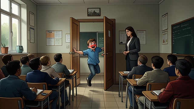 The Classroom Door from "Wann wird es endlich wieder so, wie es nie war". The Classroom Door An Entrance Joachim(Jocki) bursts into class to announce the dead man.