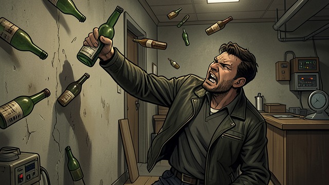 Bottles in Flight from "Wann wird es endlich wieder so, wie es nie war". Bottles in Flight Sudden Violence Joachim(Jocki) begins throwing bottles at the wall, then hurls full bottles across the club.
