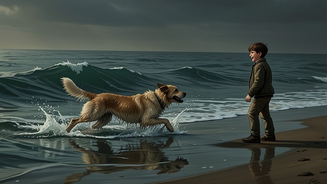 The Dog Enters the Water from "Wann wird es endlich wieder so, wie es nie war". The Dog Enters the Water Unrestrained Joy The family dog races from the car into the sea and swims with powerful ease.