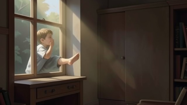 A Child at the Window from "Wann wird es endlich wieder so, wie es nie war". A Child at the Window A Familiar Posture Joachim(Jocki) sees a young boy breathing against the glass of his former room.