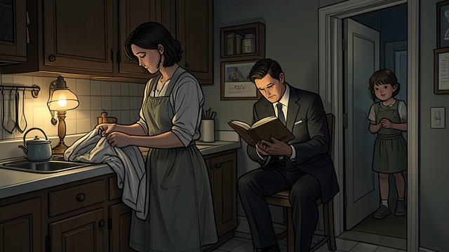 The Practical Parent from "Wann wird es endlich wieder so, wie es nie war". The Practical Parent Daily Organization Susanna manages the family’s meals, schedules, and household needs while Hermann reads and pursues professional plans.