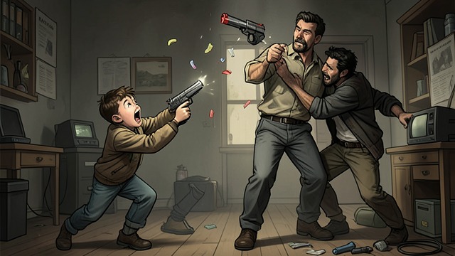 Rudi’s Toy-Gun Attack from "Wann wird es endlich wieder so, wie es nie war". Rudi’s Toy-Gun Attack Sudden Reversal Rudi shouts “Hands up or I’ll shoot!” Two bodyguards tackle the minister and draw real pistols.