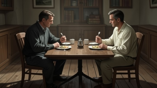 Dinner for Two from "Wann wird es endlich wieder so, wie es nie war". Dinner for Two Hospital Food Joachim(Jocki) eats with Hermann from divided hospital plates.