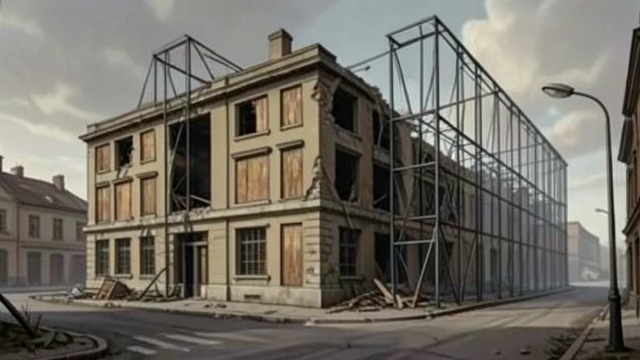 The Emptying Grounds from "Wann wird es endlich wieder so, wie es nie war". The Emptying Grounds Closure and Barriers On Joachim(Jocki)’s return, buildings are demolished or boarded up, and tall screens hide the remaining patients.