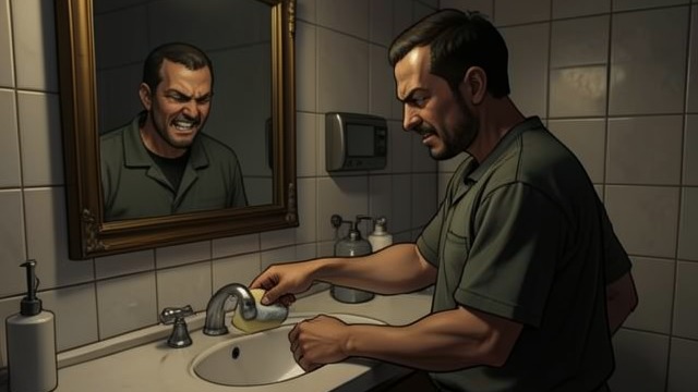The Bathroom Door from "Wann wird es endlich wieder so, wie es nie war". The Bathroom Door Anger and Shame Joachim(Jocki) shuts himself in the bathroom and washes the marzipan into the drain.