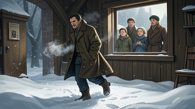 A Father Walks into the Storm from "Wann wird es endlich wieder so, wie es nie war". A Father Walks into the Storm Departure Hermann puts on heavy clothes and struggles through deep snow toward the hospital.