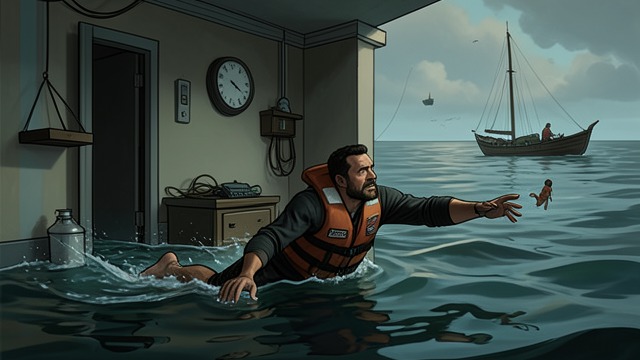 The Son Overboard from "Wann wird es endlich wieder so, wie es nie war". The Son Overboard Accident When the motor will not restart, Hermann yanks the starter cord and strikes Joachim(Jocki) in the face, knocking him overboard.