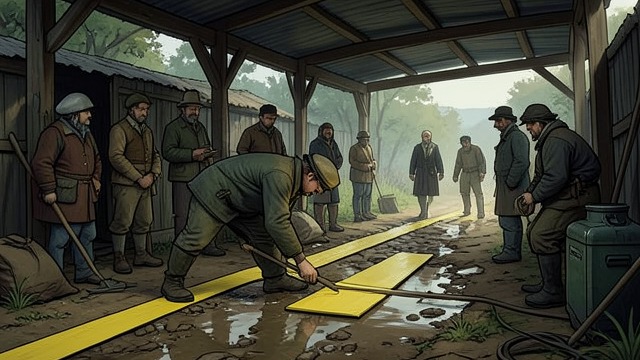 The Yellow Plankway from "Wann wird es endlich wieder so, wie es nie war". The Yellow Plankway Improvised Solution A worker lays yellow boards across the muddy entrance, believing the officials called him to rescue them.