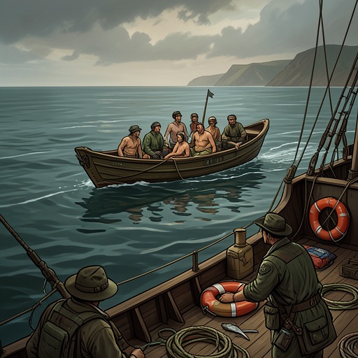 The Caine’s Most Important Rescue from "The Caine Mutiny". The rescue of George Black survivors shifts the typhoon conflict from command legitimacy to the immediate moral duty to save lives.