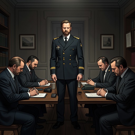Queeg and His Subordinates from "The Caine Mutiny Court-Martial". The relationship between Queeg and the Caine’s wardroom deteriorates from cautious cooperation into open distrust and conflicting versions of the ship’s past.