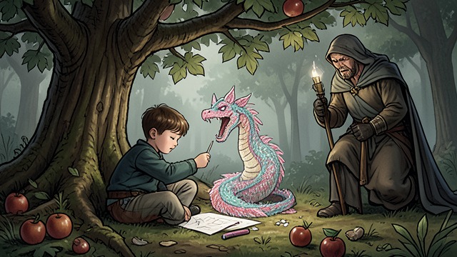 A Guardian with a Cost from "Harold and the Purple Crayon". Protection Becomes Threat An invented safeguard Harold puts a frightening Dragon under the tree to guard the apples.