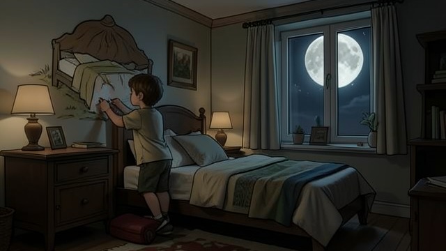 Comfort Made Real from "Harold and the Purple Crayon". Familiarity Restored A remembered coordinate The bedroom window's relation to the Moon supplies the recognition Harold could not find among the city windows.