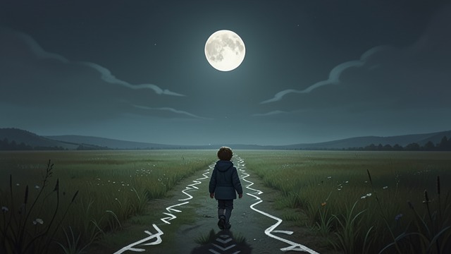 The Moon in Motion from "Harold and the Purple Crayon". A Landmark That Follows Presence on the route The Moon goes with Harold when he leaves the straight path and crosses a field.