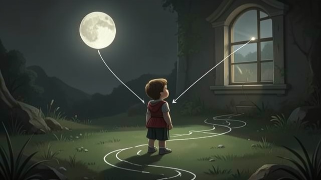 The Window's Position from "Harold and the Purple Crayon". Direction Through Relation A remembered location Harold remembers that his bedroom window is always right around the Moon.
