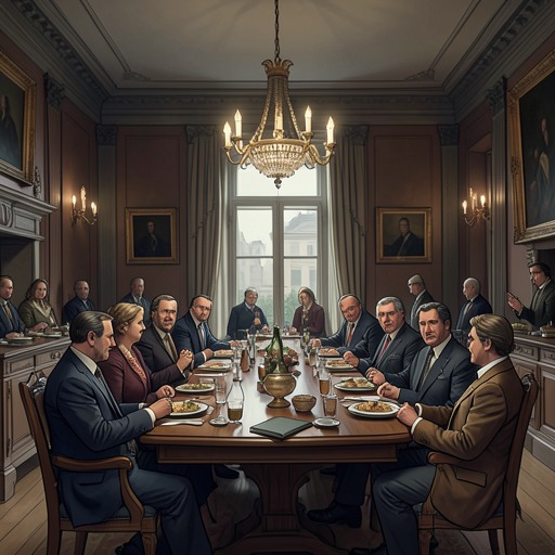 Shared Meals And Fragile Fellowship from "Oslo". This flow traces how hospitality at Borregaard Estate creates temporary human fellowship amid negotiations that remain fierce and consequential.