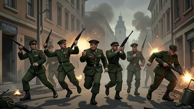The Hall Gunfight from "1919". The Hall Gunfight The parade turns violent The parade passes the union hall, returns, and halts in front of it. Men rush the building, and gunfire breaks out.