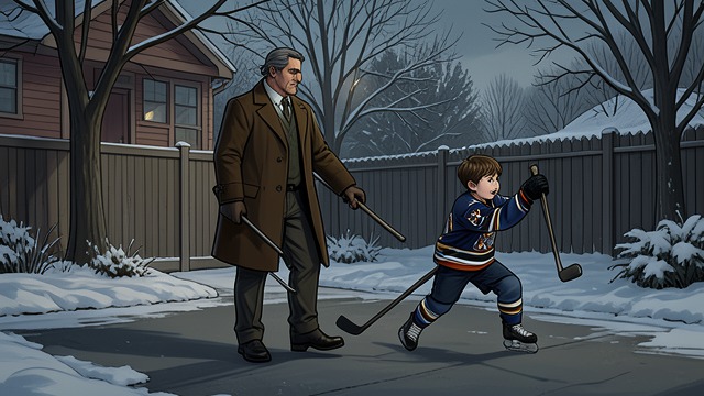 A Hockey Childhood from "Hold Tight". A Hockey Childhood Shared Rituals Mike teaches Adam to skate and spends hours taking practice shots at him in the driveway.