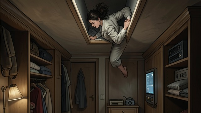 The Agent Hides Above from "Anxious People". The Agent Hides Above Instinctive concealment The Real estate agent is in the closet when the Bank robber enters.
