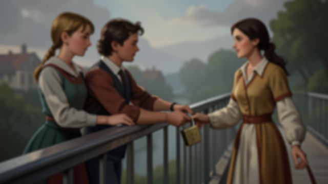 A Reassurance on the Bridge from "Anxious People". A Reassurance on the Bridge The daughters answer their mother The girls attach a padlock to the bridge railing to say that their mother will never lose them.
