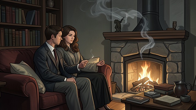 A Shared Fire from "Anxious People". A Shared Fire An offer of help Roger shows Julia how to light the fireplace.