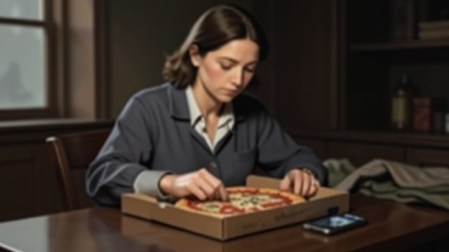 The Phone Is Forgotten from "Anxious People". The Phone Is Forgotten A distraction at the table Ro finds the phone in a pizza box but puts it aside to eat.