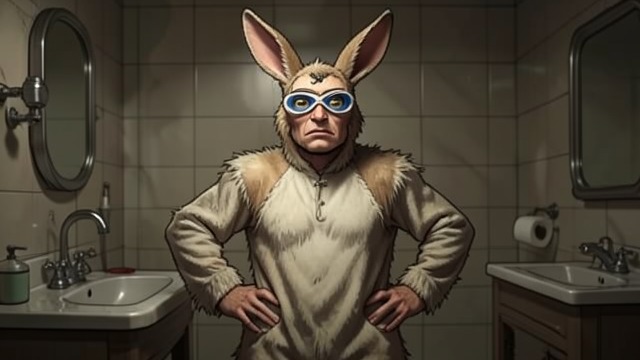 The Rabbit’s Performance from "Anxious People". The Rabbit’s Performance A role with a purpose Lennart hides in the bathroom dressed as a rabbit to disrupt the viewing.