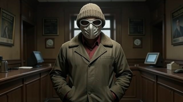The Bank Robber’s Mask from "Anxious People". The Bank Robber’s Mask A disguise for a desperate act The Bank robber cuts eyeholes into a woolly hat and enters the Cashless bank wearing a mask.